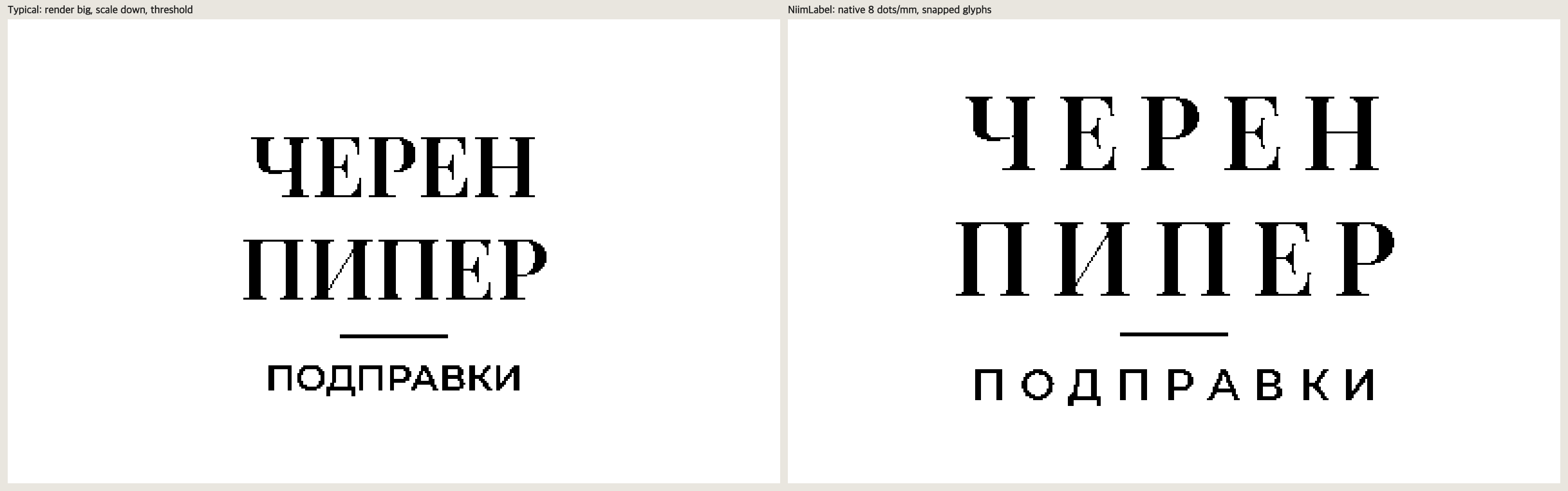 The same label rendered the typical way and by NiimLabel, at printer resolution